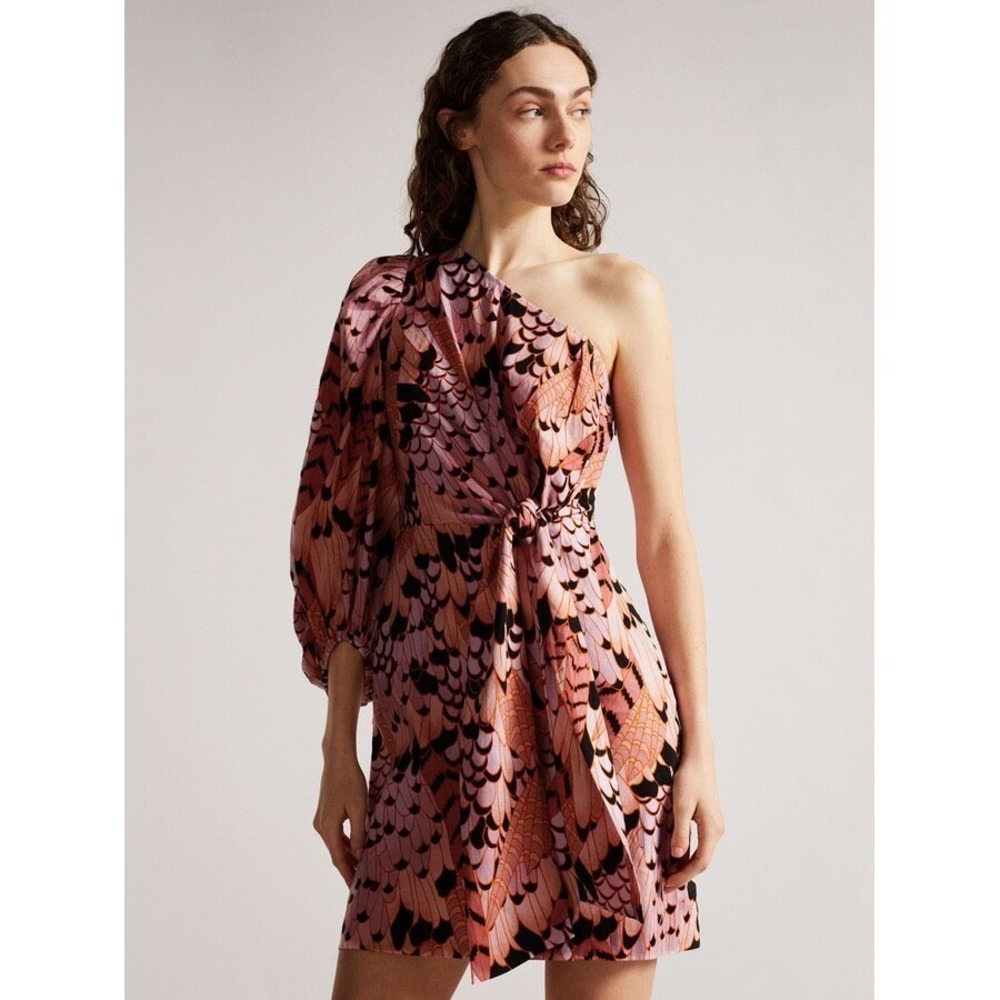 Ted Baker London Larae One Shoulder Feather Print Mini Dress Sz 6 Linen Blend